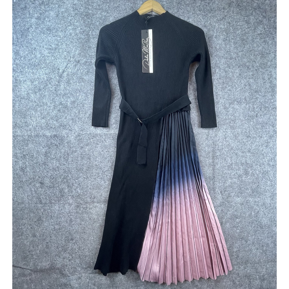 Dalia MacPhee Sweater Dress Medium Black Pink Asymmetrical Pleated Knit Belted
